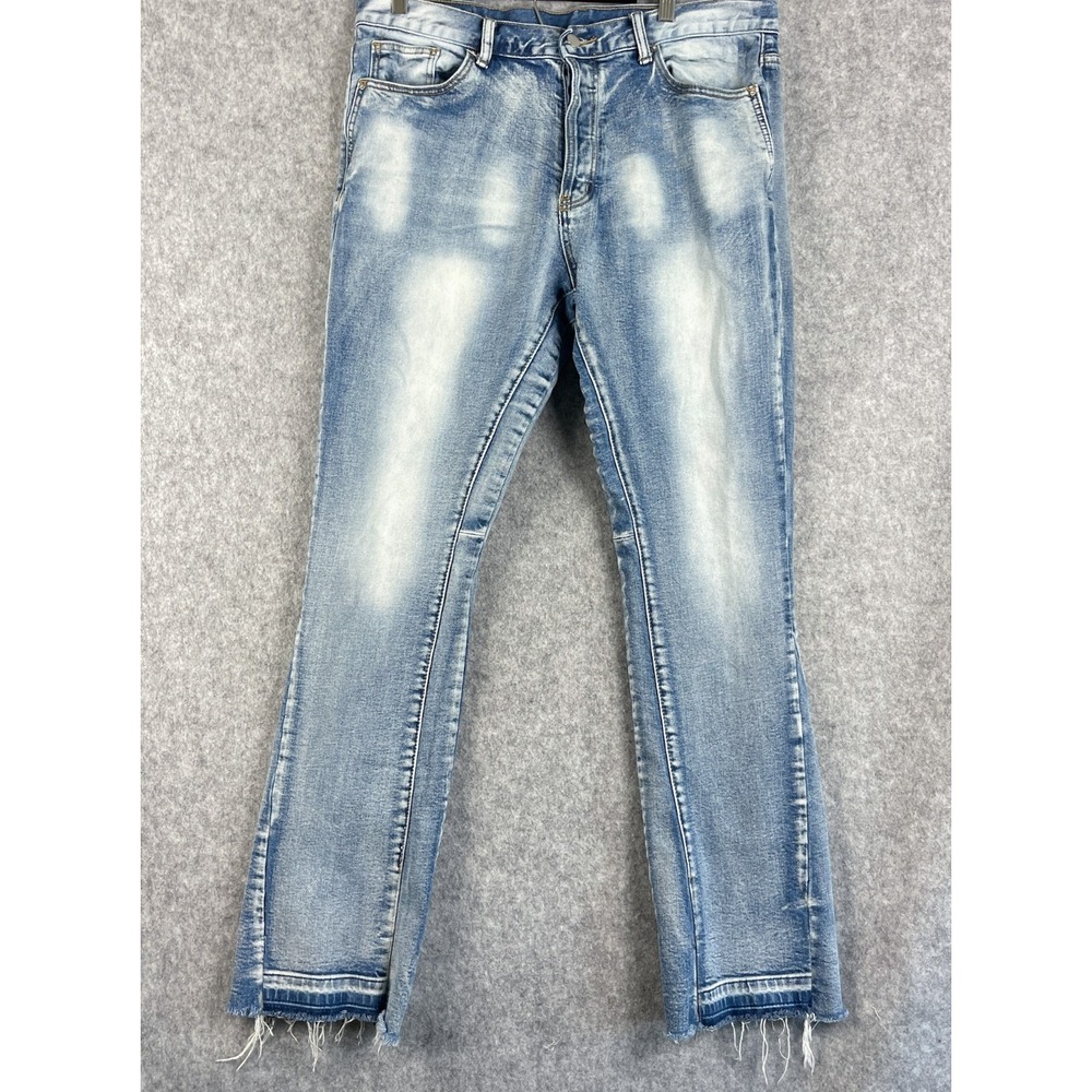 MNML Bootcut Flare Denim Jeans Mens 36x33 Blue Raw Hem Distressed Splattered